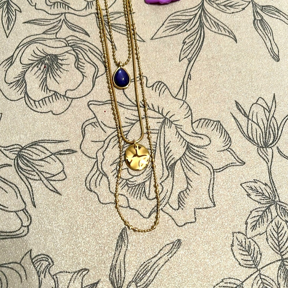 Halogen long, gold tone stacker necklace, blue stone